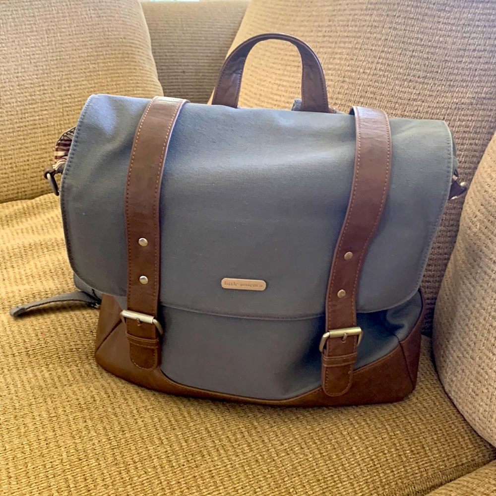 Little Unicorn Marindale Diaper Bag, grey with brown leather.